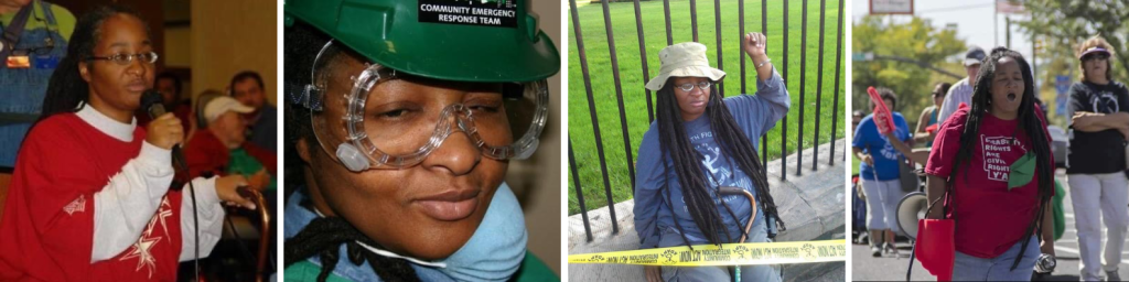 Website banner of 4 images. Image 1 Anita a black woman in glasses holding a cane and microphone speaking to a crowd. Image 2 Anita in a green Community Emergency Response Team hard hat, safety goggles, and blue mask pulled to the side. Image 3 Anita in a beige fishing hat and navy ADAPT shirt, and glasses with a cane handcuffed to The White House fence making a power fist. There is yellow police tape in front of her. Image 4 Anita in a burgundy ADAPT Arkansas shirt marching with other activist as she's chanting.
